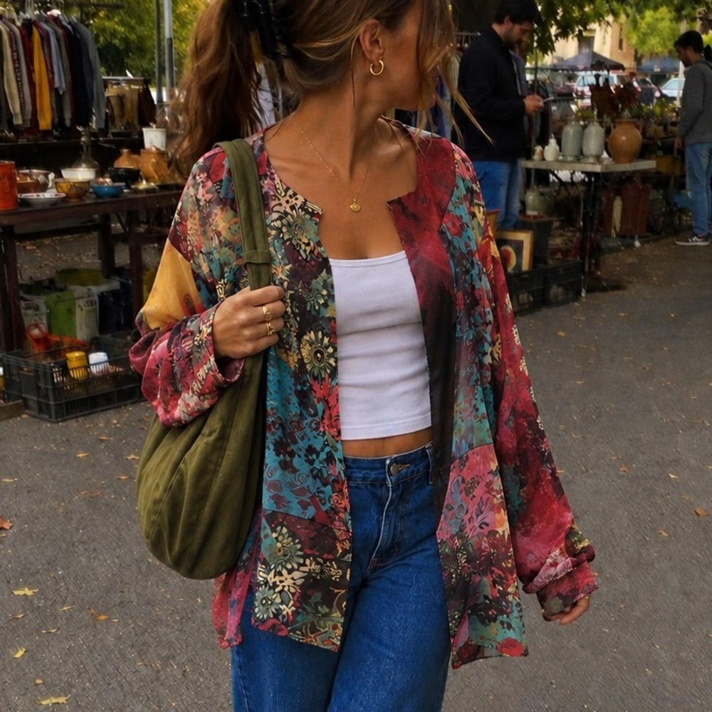 Chicos Silk Cardigan Size 3 Colorful Abstract Boho Floral Sheer Open Front Top
